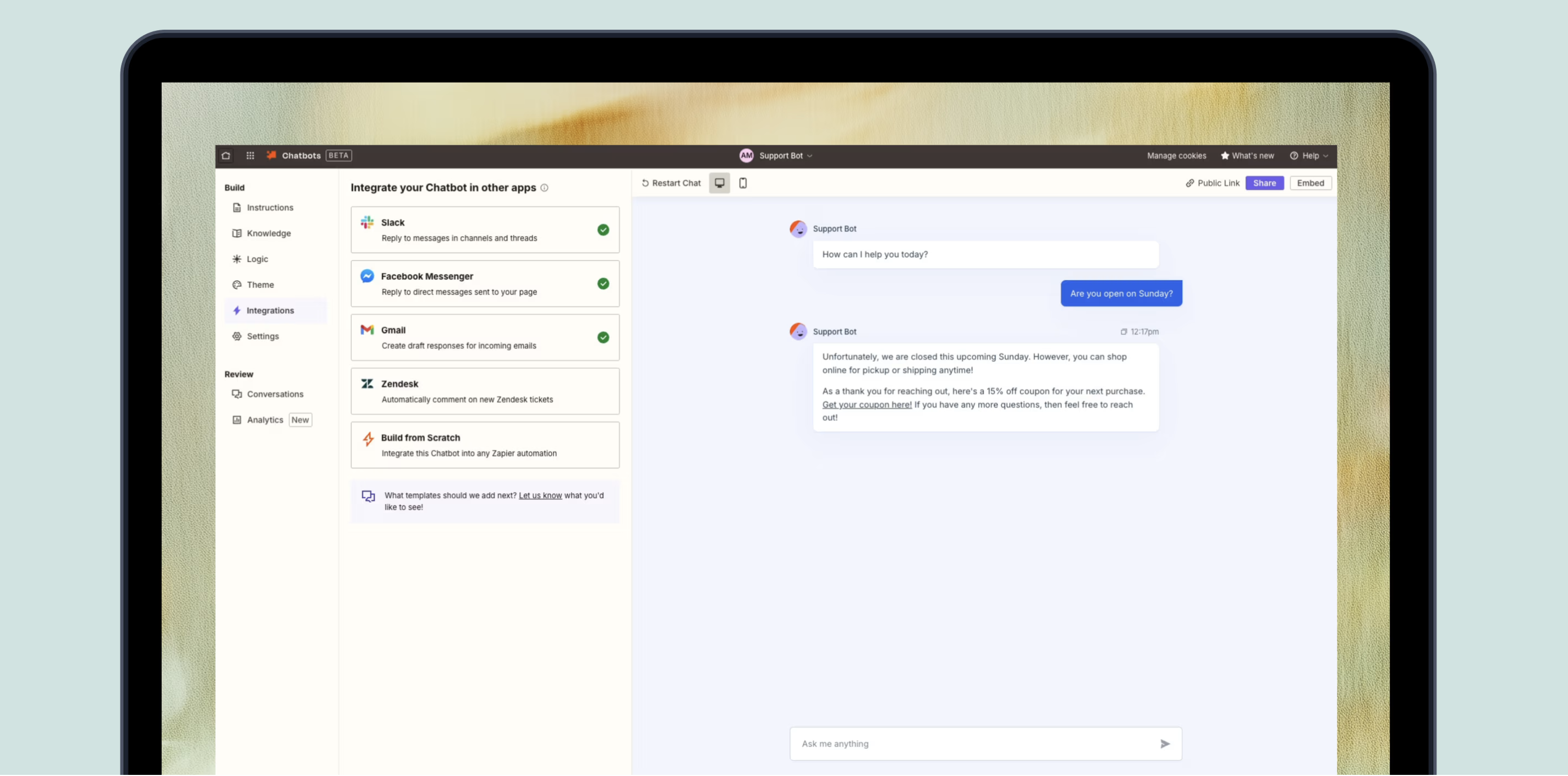 The dashboard for Zapier Chatbots, with half the screen showing a preview for a support bot and the other half showing options to integrate the chatbot in other apps.