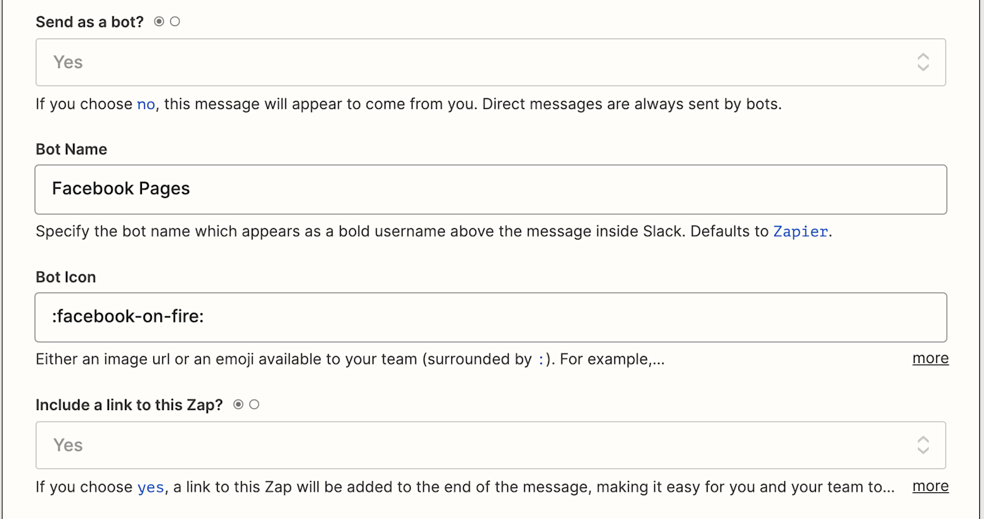 Slack settings fields in a Slack action step.