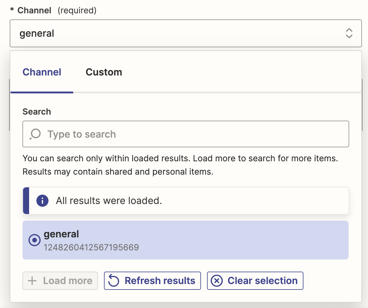 The Channel field is shown open in the Zap editor with the General channel selected in the dropdown.