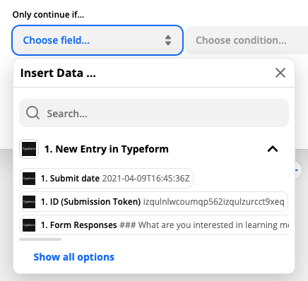 Selecting app data to use in your filter. The image displays Typeform data from the trigger step in the example Zap.