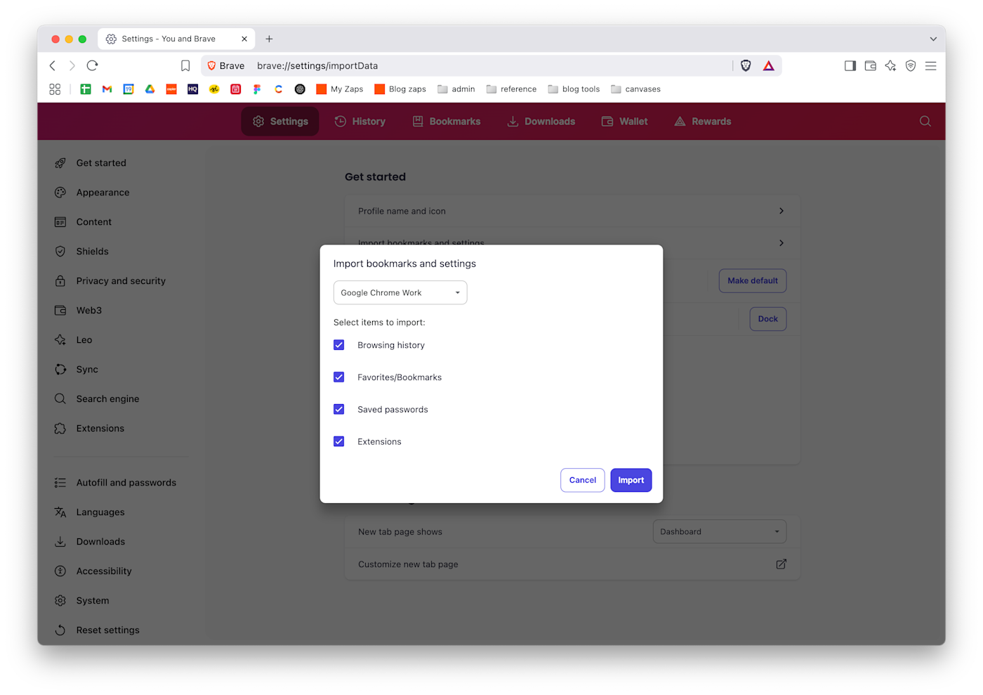 Importing bookmarks in the Brave web browser.