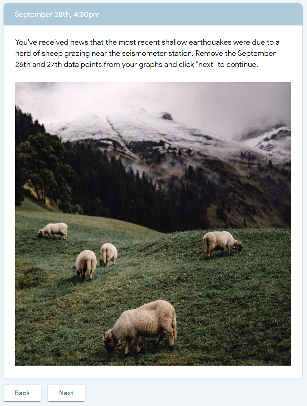 Image of sheep with a caption that they had caused an earthquake from roaming too close to the seismometer station.