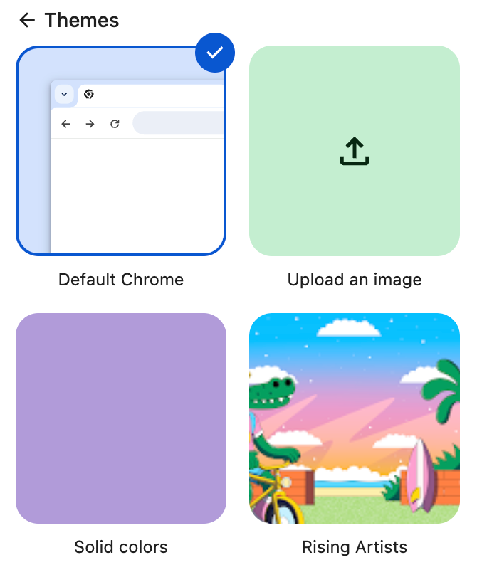 Themes menu in the Chrome customization sidebar.