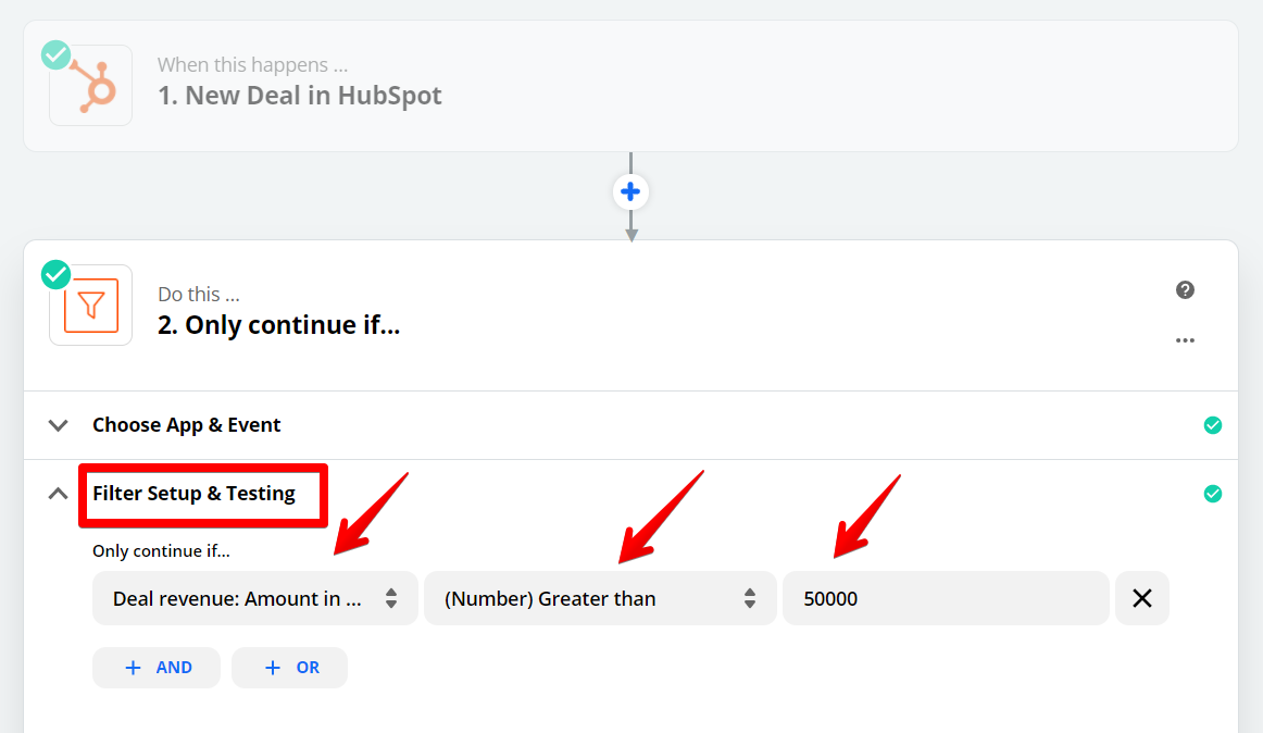 To set up filters in Zapier for deal amounts, choose the field on which to filter, then set the type of filter, and the specific data required to pass through.