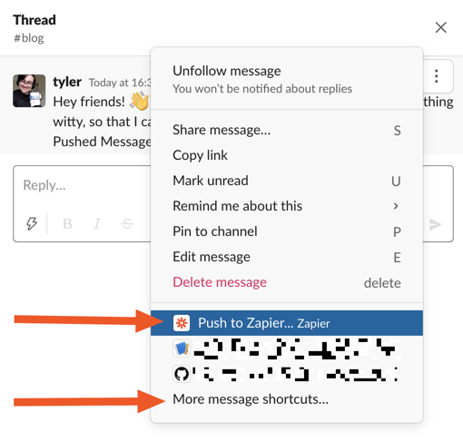 A screenshot from Slack showing the "Push to Zapier" option and "More message shortcuts.