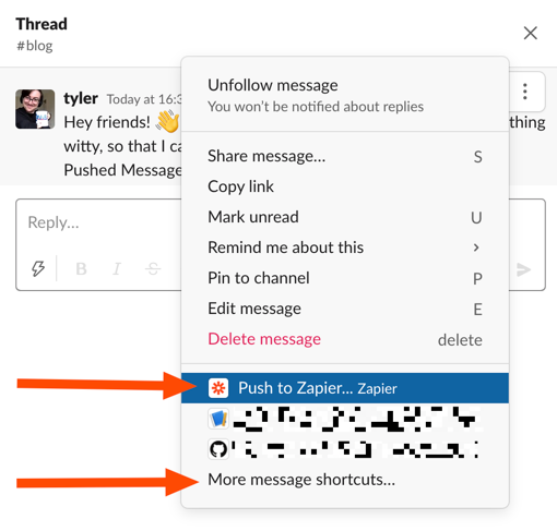 A screenshot from Slack showing the "Push to Zapier" option and "More message shortcuts.