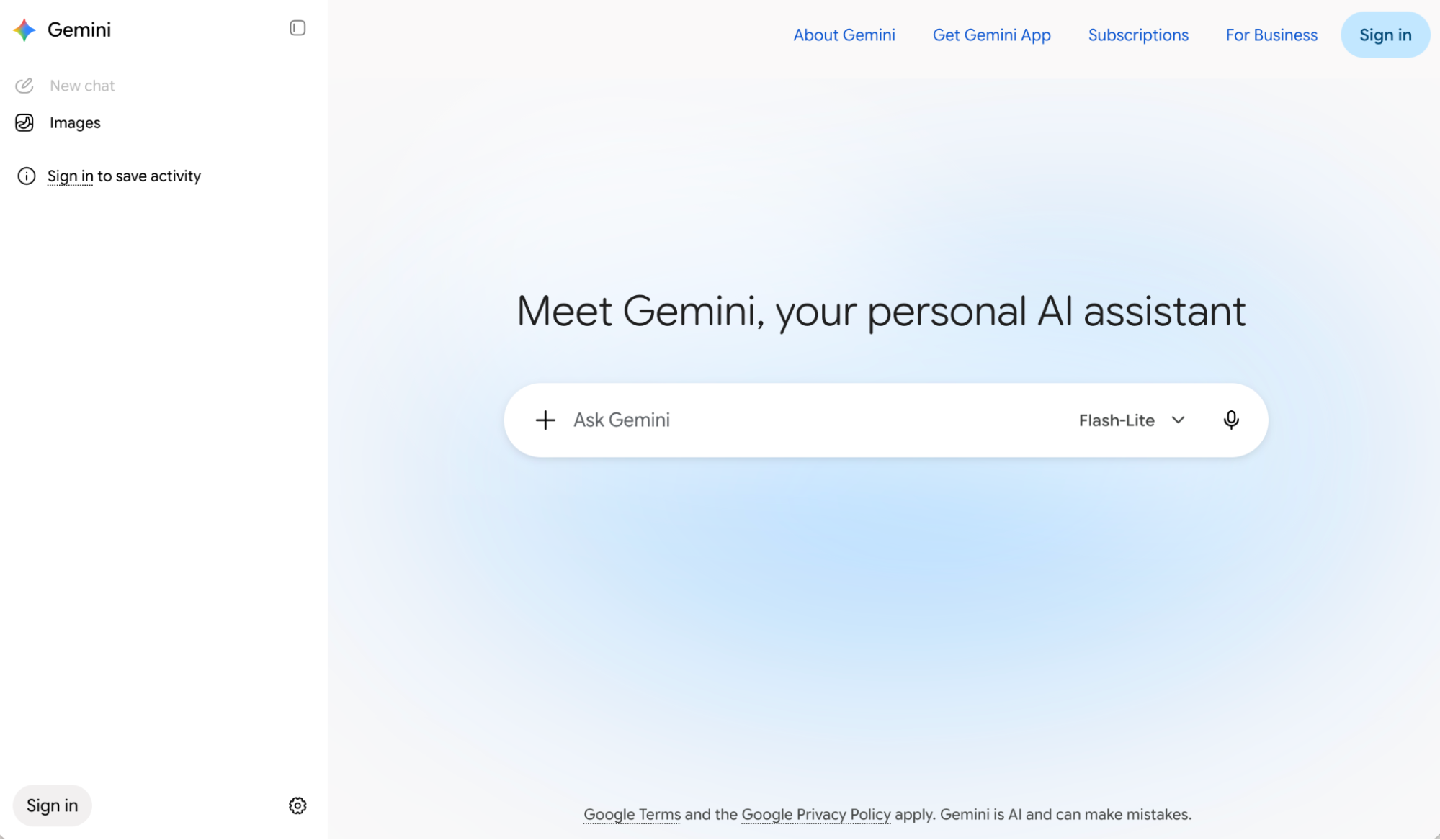 Gemini sign in page.