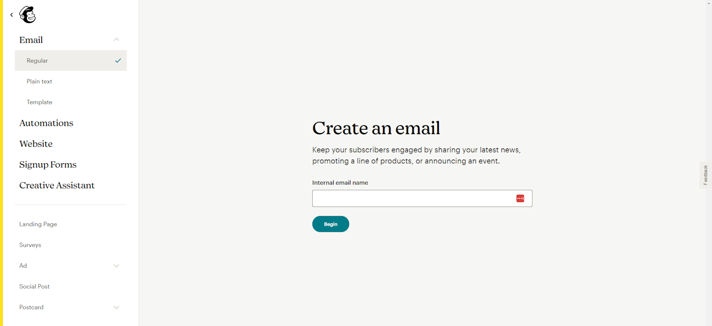 Screenshot of the Mailchimp interface during the second step of newsletter creation