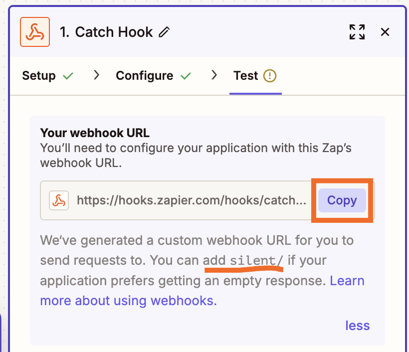 Zapier Catch Hook setup showing webhook URL with highlighted Copy button