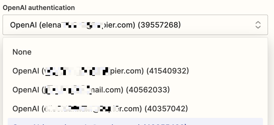 A dropdown menu of OpenAI authentication options.