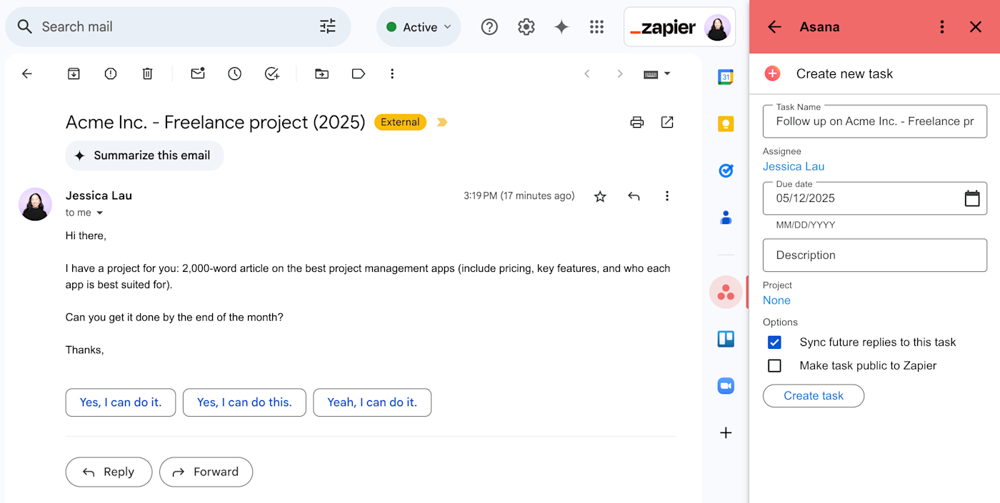 Asana for Gmail add-on in Gmail. 