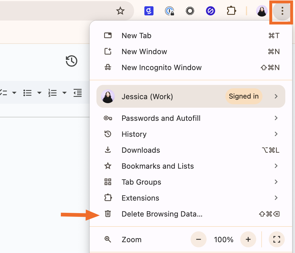 Expanded view of the more menu bar in Google Chrome with the delete browsing data tool highlighted. 