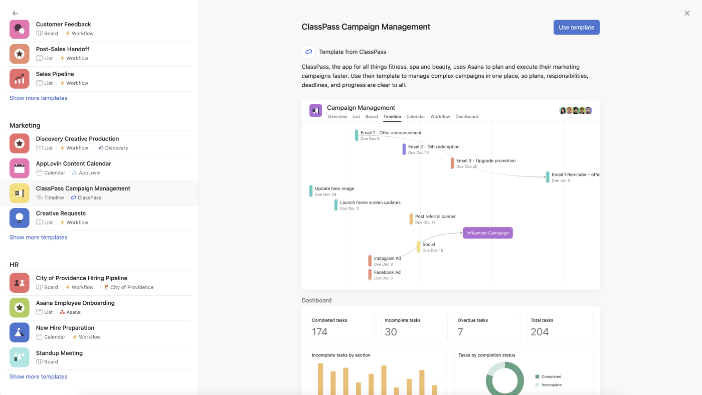 Screenshot of Asana templates