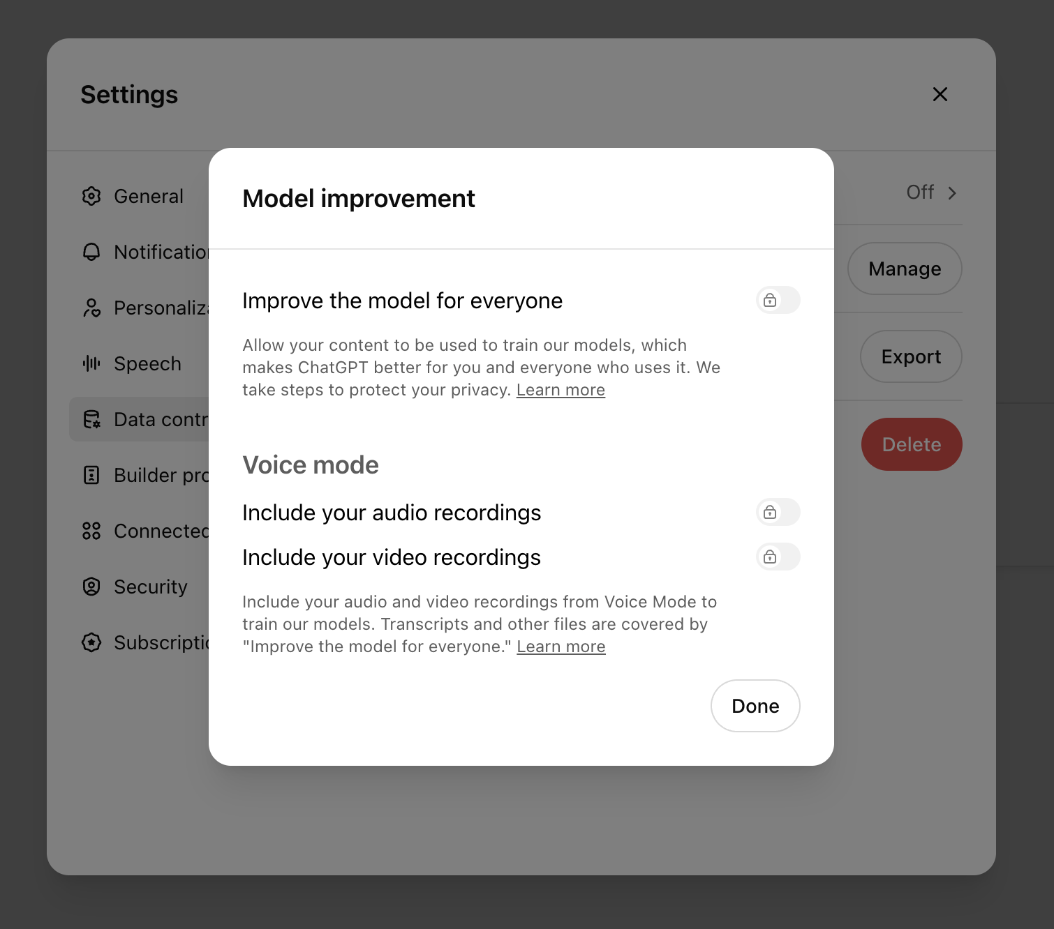 ChatGPT settings window with the model improvement option turned off. 