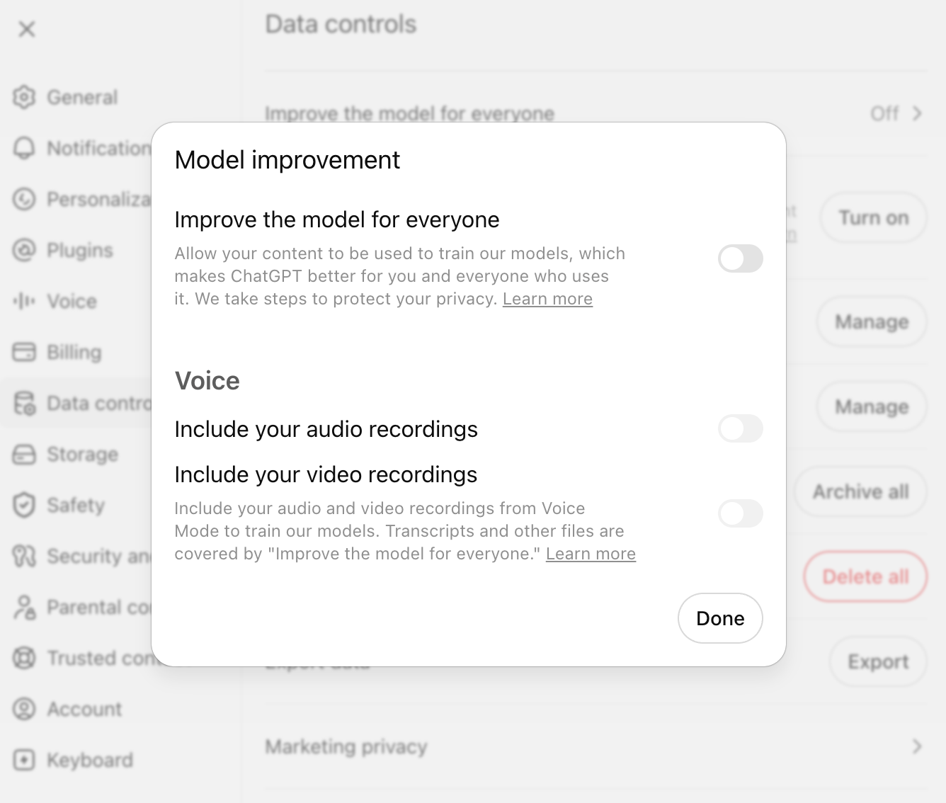 ChatGPT settings window with the model improvement option turned off.