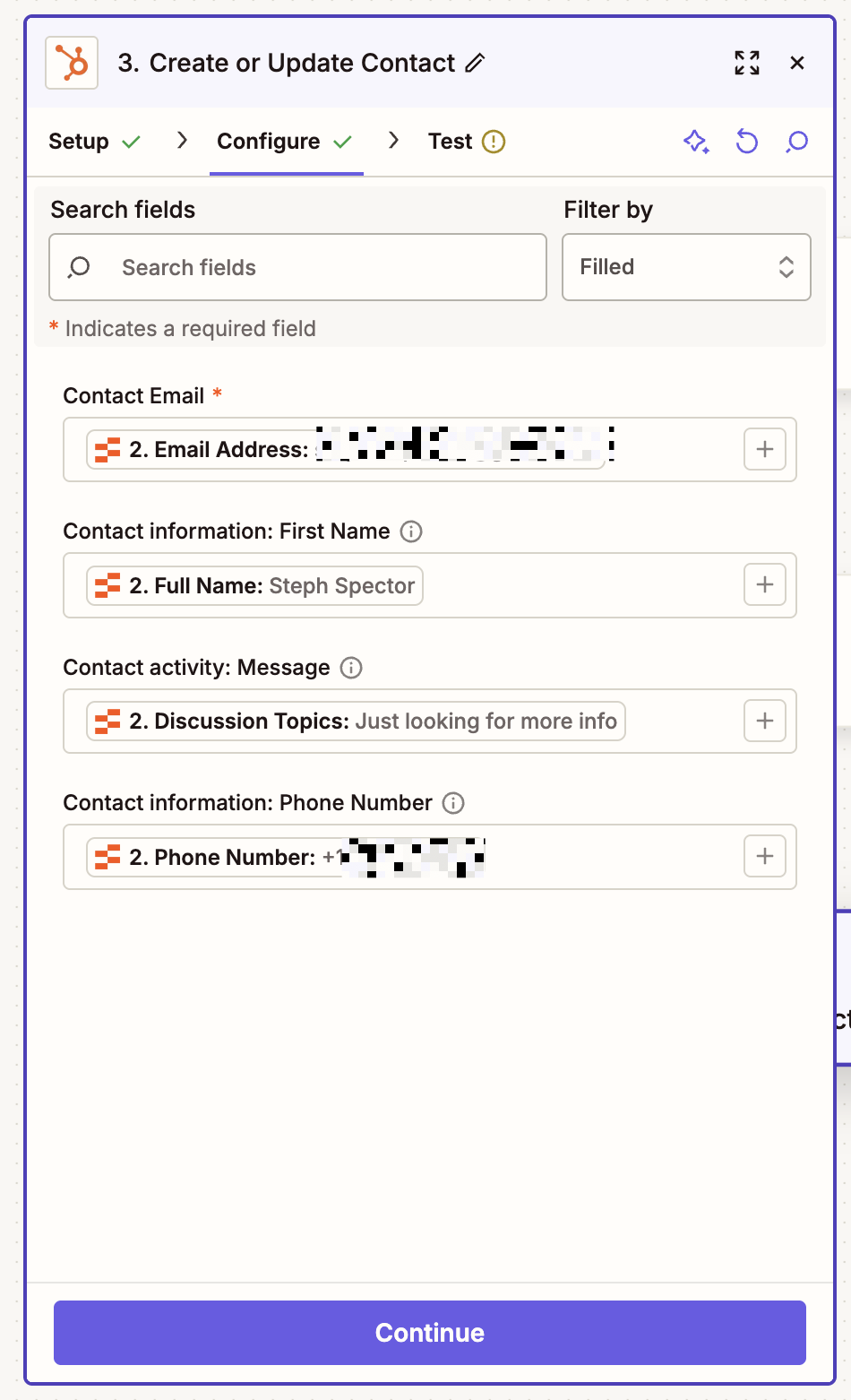 The configuration for a HubSpot action step in the Zap editor
