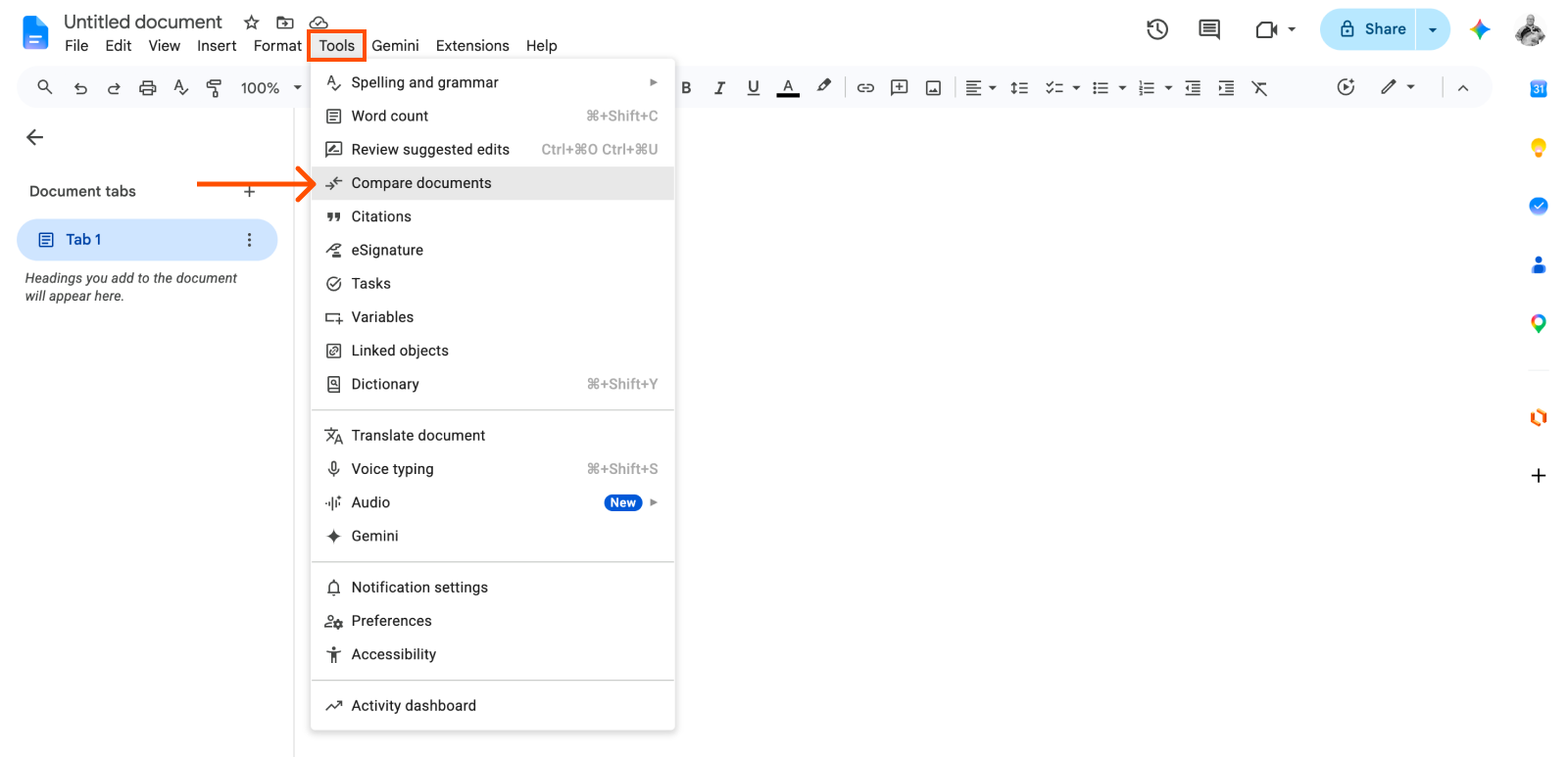 How to compare documents in Google Docs.