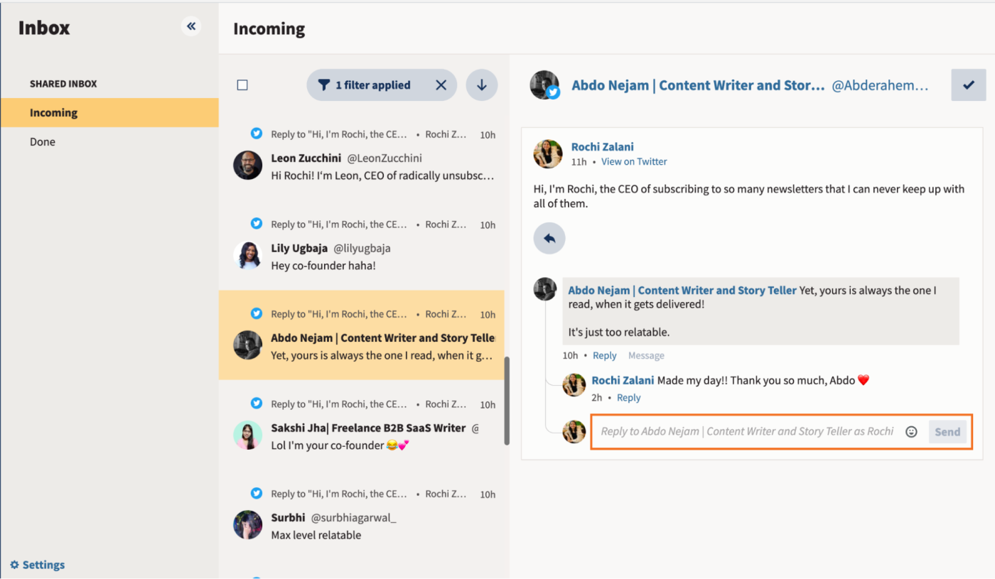 The Hootsuite inbox lets you do conversation management with the app itself