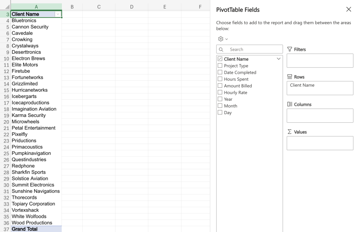 An Excel pivot table with a Client Name column generated.