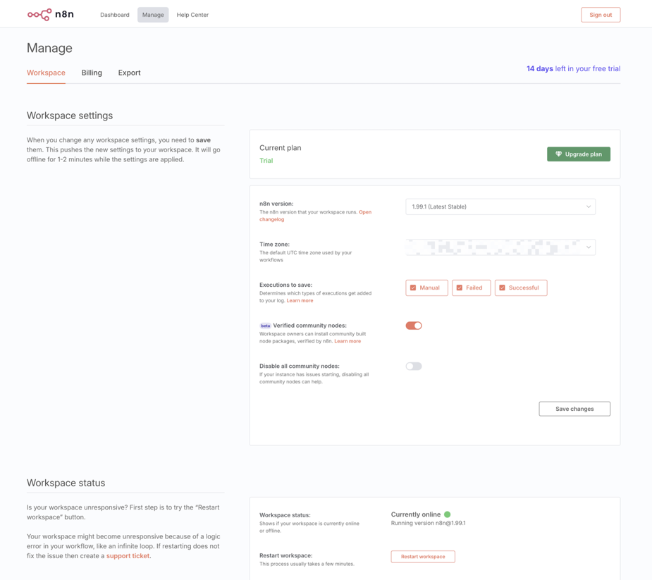 A screenshot of n8n's workspace management settings