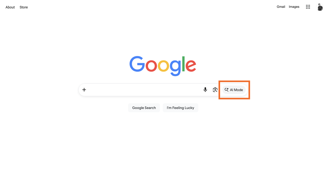 The Google homepage with the "AI Mode" button highlighted