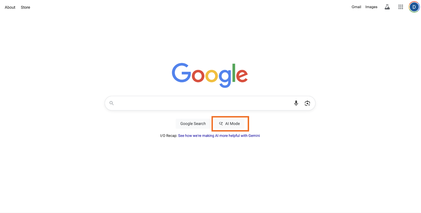 The Google homepage with the "AI Mode" button highlighted