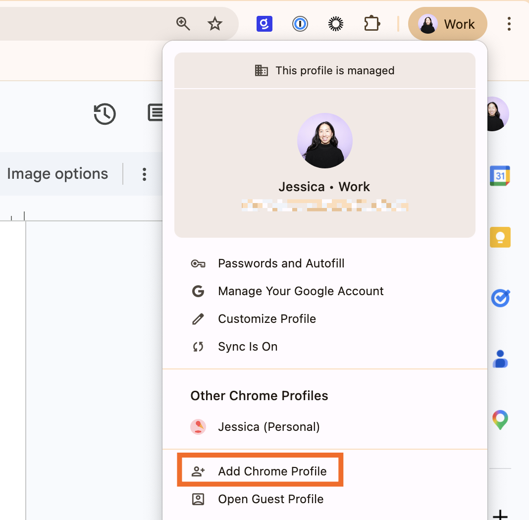 Expanded view of Google Chrome's profile menu with add chrome profile selected. 