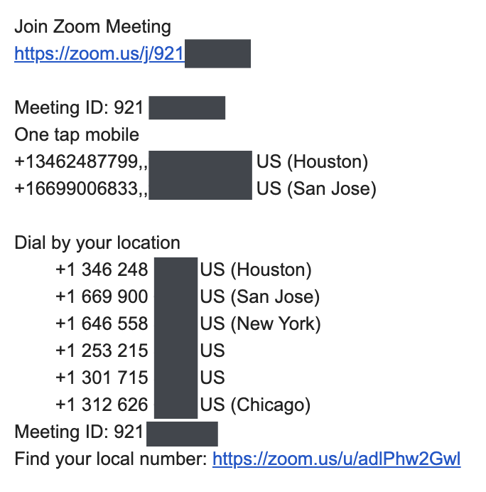 Zoom phone numbers in the email reminder
