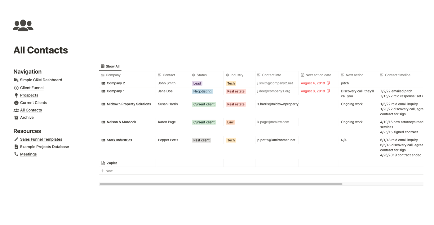 All contacts view in Notion CRM template
