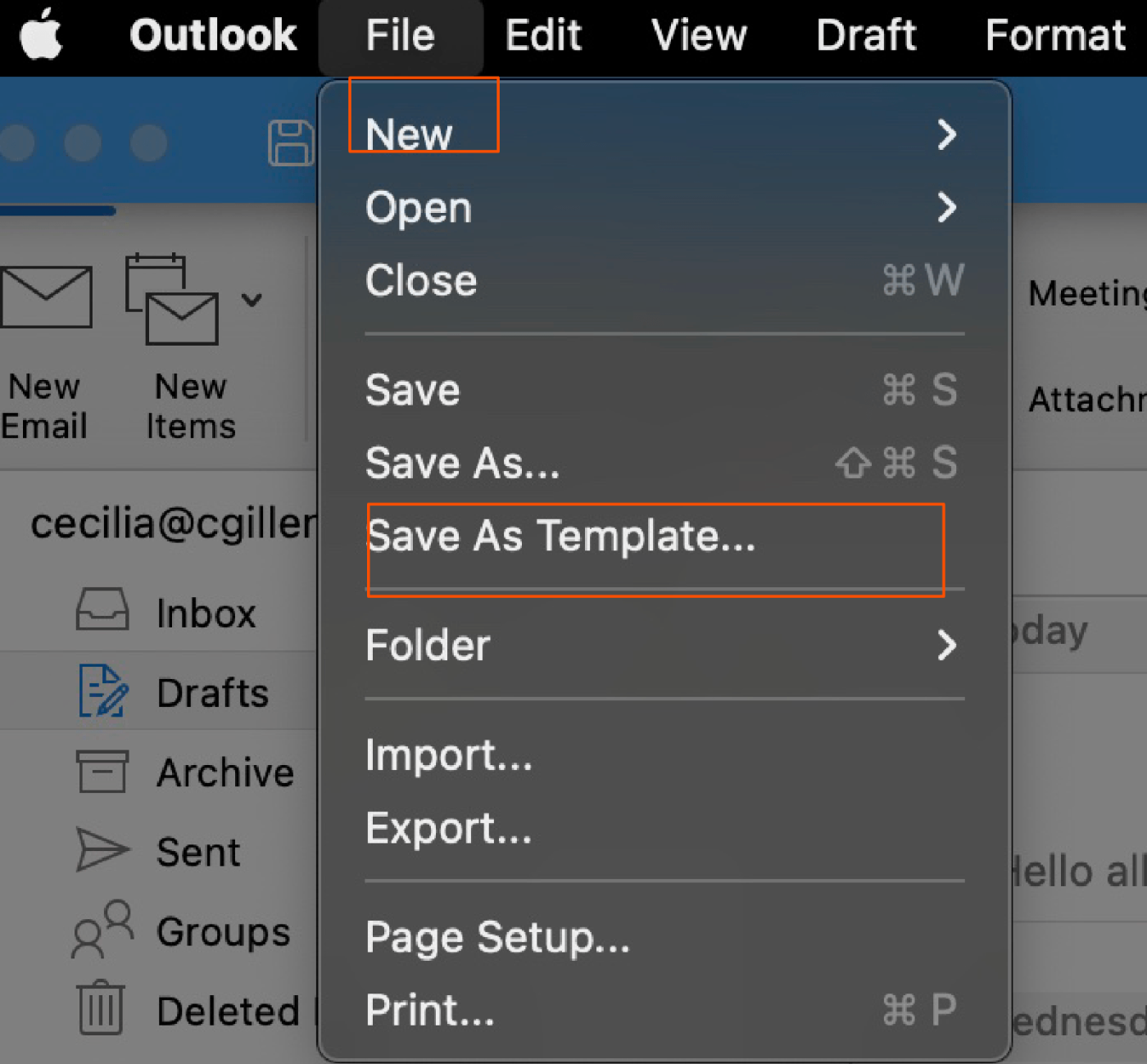 Screenshot showing how to save a message as a template in Outlook.