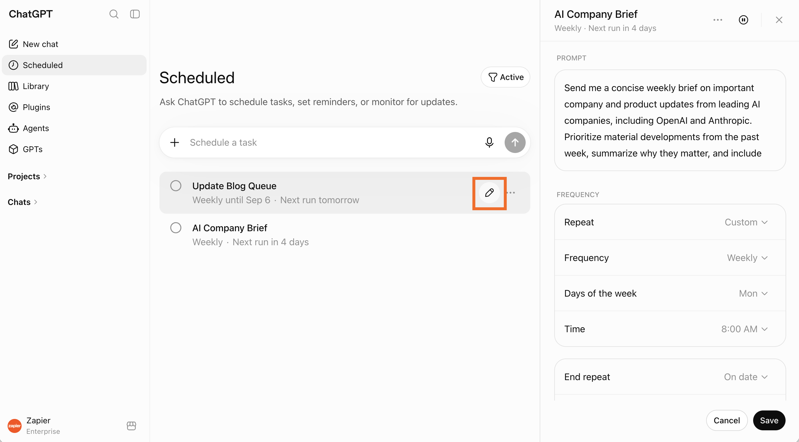 List of scheduled tasks in ChatGPT with an expanded view of the task editor in the right side panel.