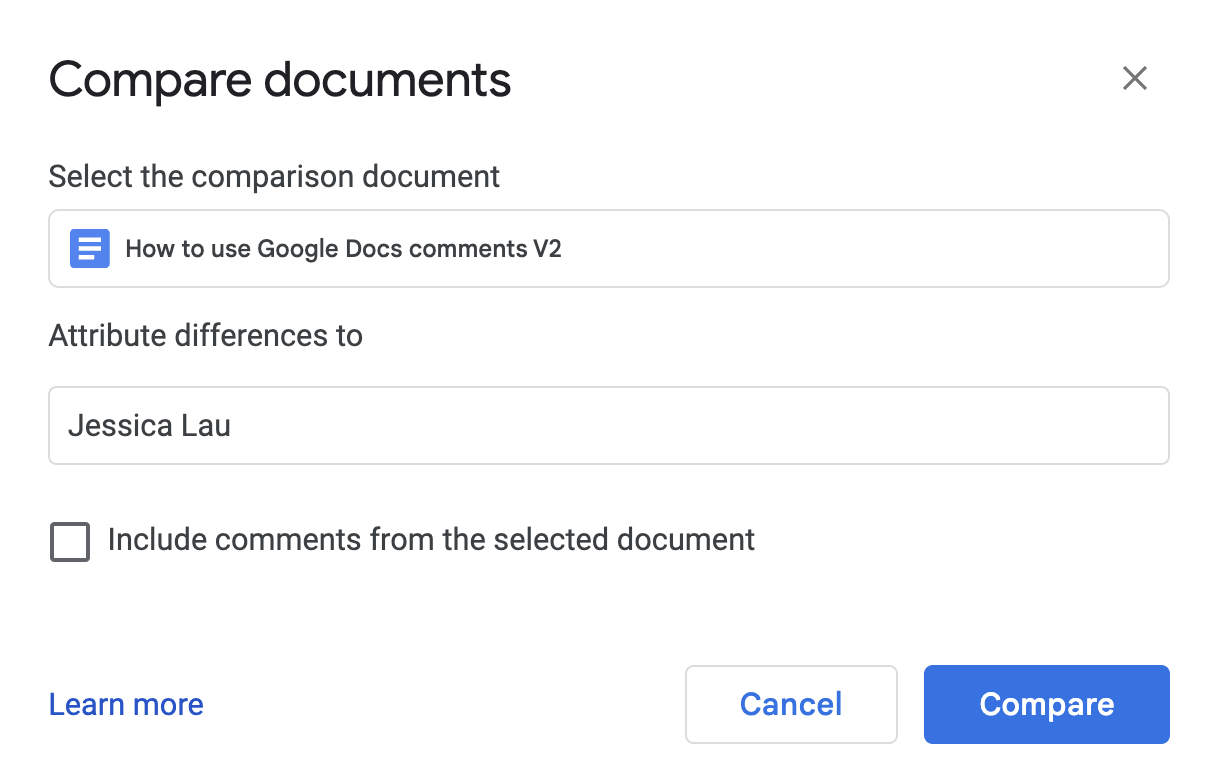 Compare documents window in Google Docs with fields to select the comparison document and attribute differences to a given label. 