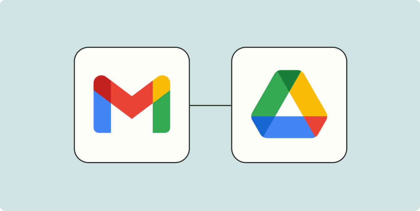 A hero image of the Gmail app logo connected to the Google Drive app logo on a light blue background.