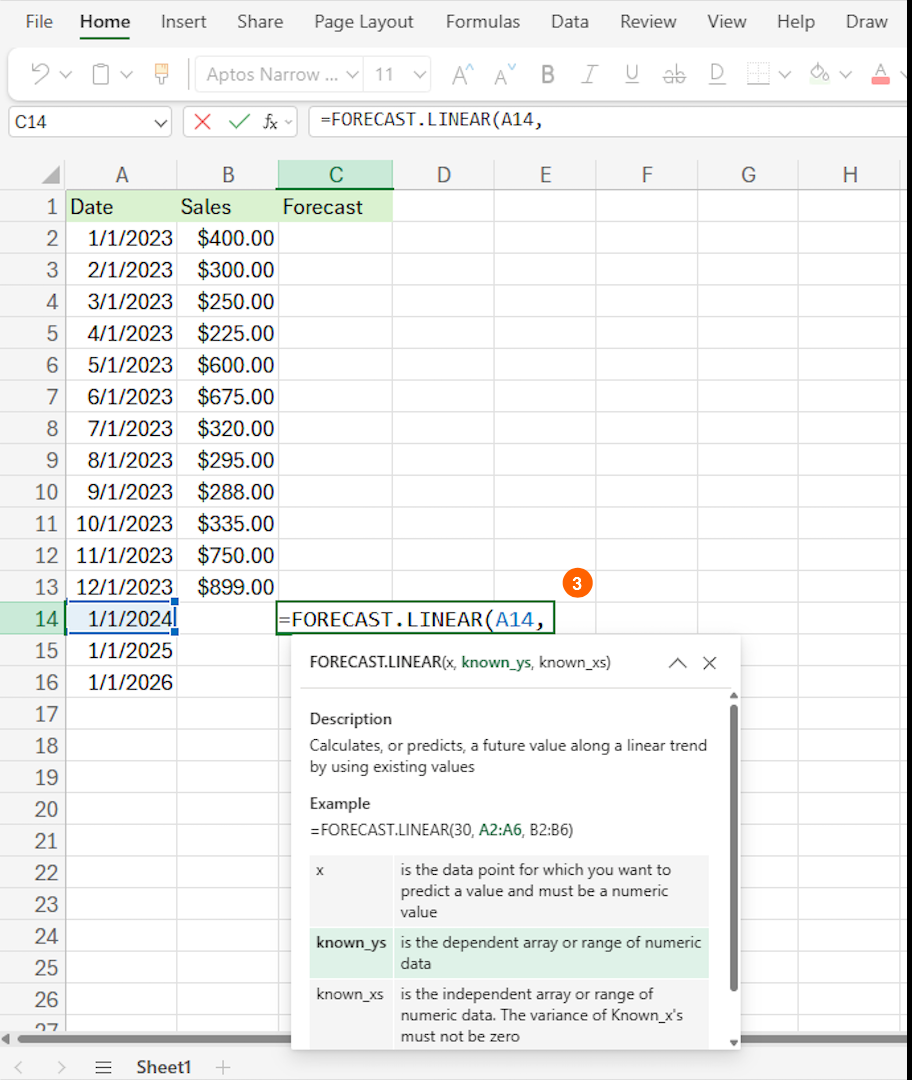 A view of the FORECAST.LINEAR formula in progress. This screenshot highlights the selection of the corresponding future date cell (e.g., A14) as the first argument, followed by a comma within the formula bar.