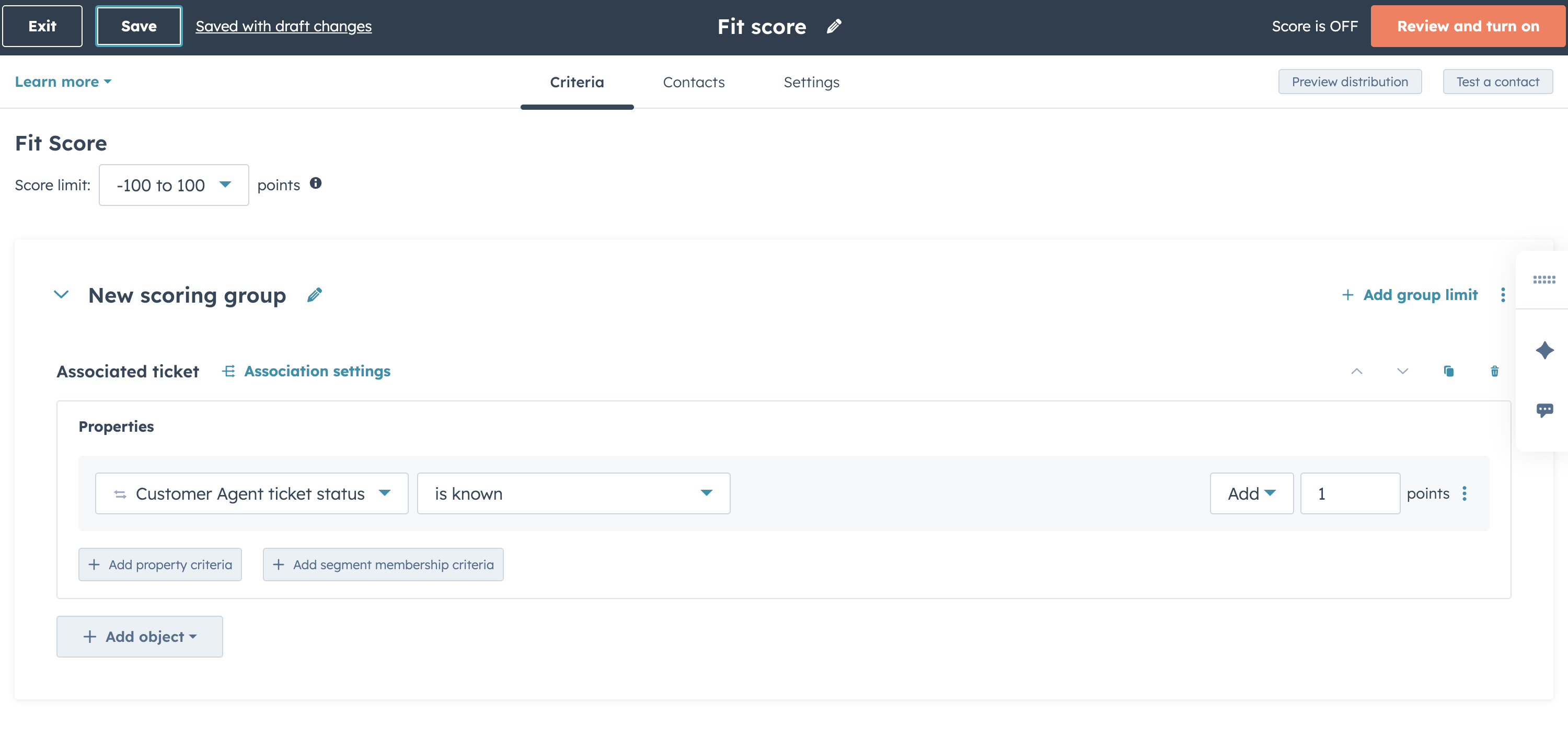 A screenshot of the HubSpot lead scoring criteria page.