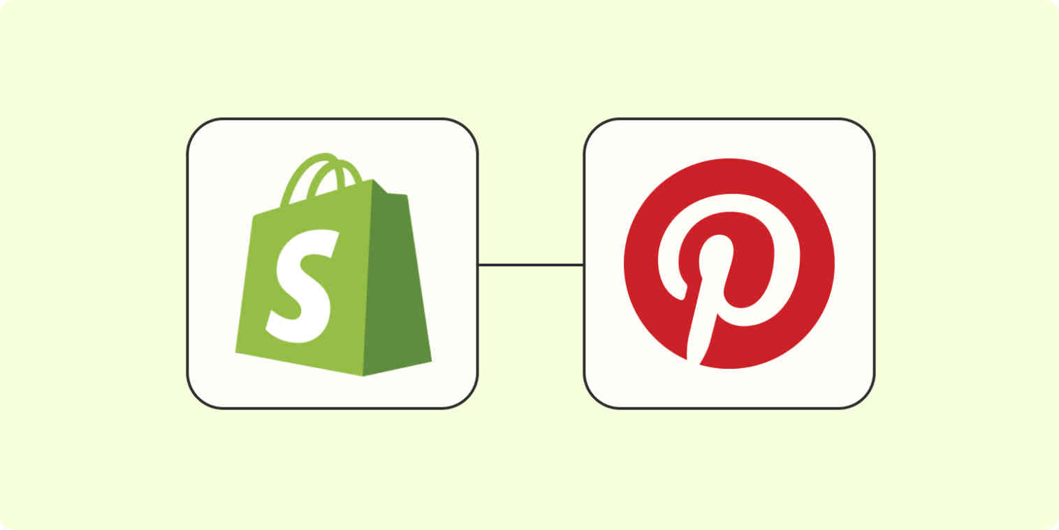 A hero image of the Shopify app logo connected to the Pinterest app logo on a light yellow background.