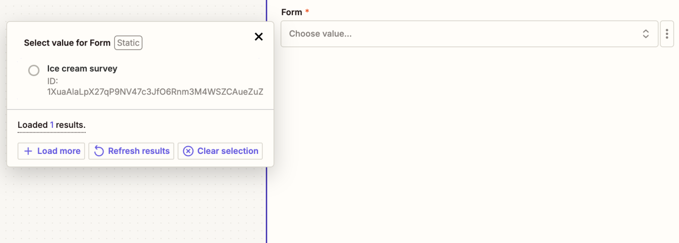 The Form field in a Google Forms trigger step in the Zap editor.