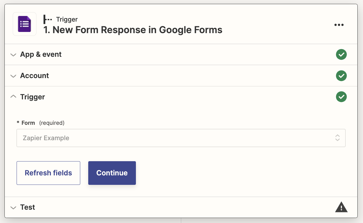 The Form field in a Google Forms trigger step in the Zap editor.