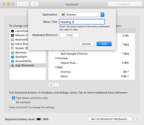 Add custom keyboard shortcuts to Ulysses