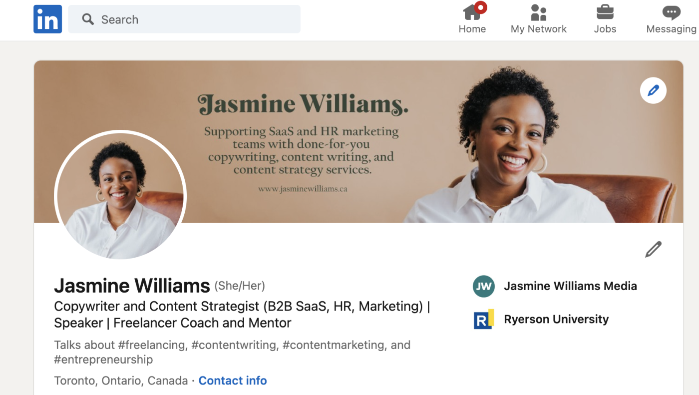 Jasmine's LinkedIn profile, including a custom banner