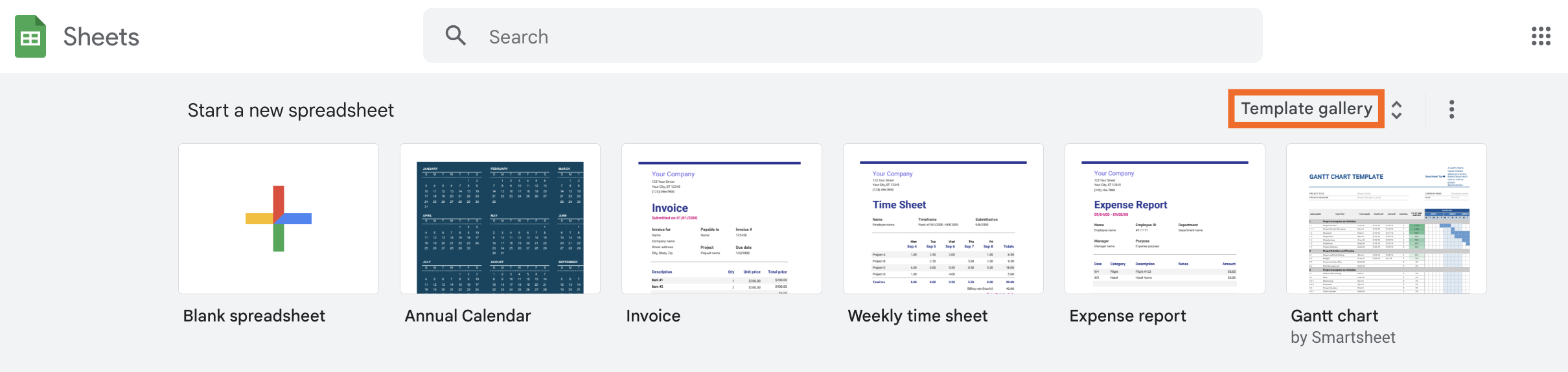 Screenshot showing the template gallery in Google Sheets.