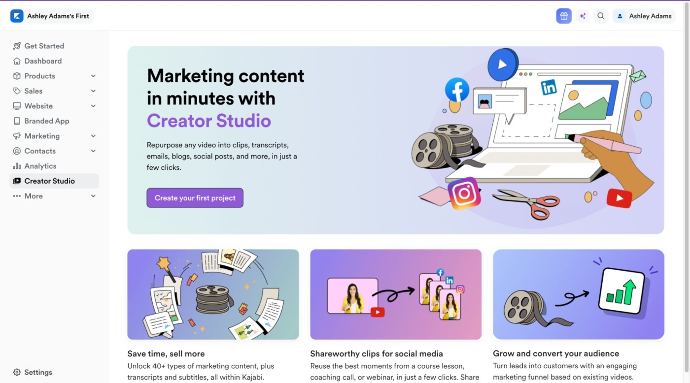 Creator Studio home page in Kajabi