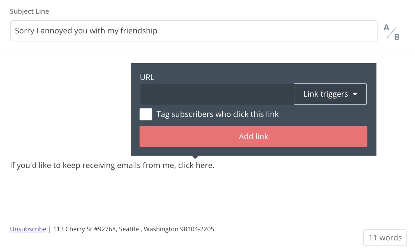 Adding a link to remove cold subscribers to a ConvertKit email