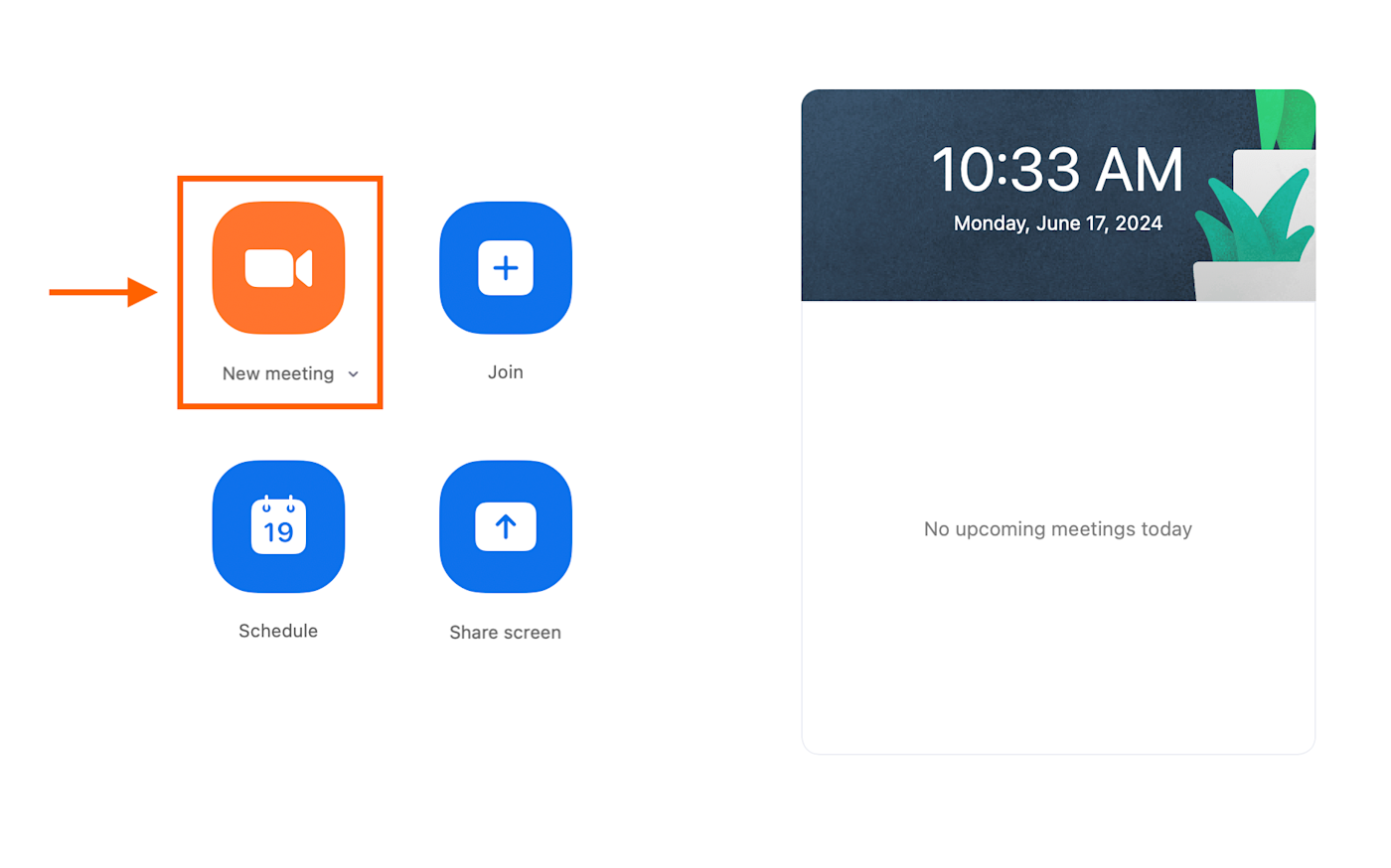 Screenshot of the Zoom home screen with an arrow pointing to the orange "New Meeting" button.