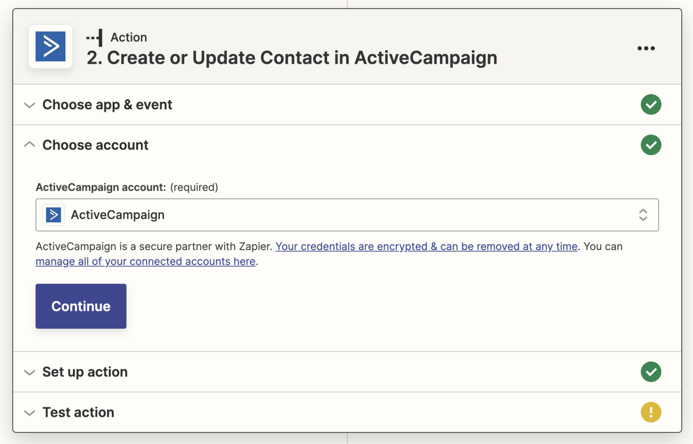 Select an ActiveCampaign account in the account dropdown menu.