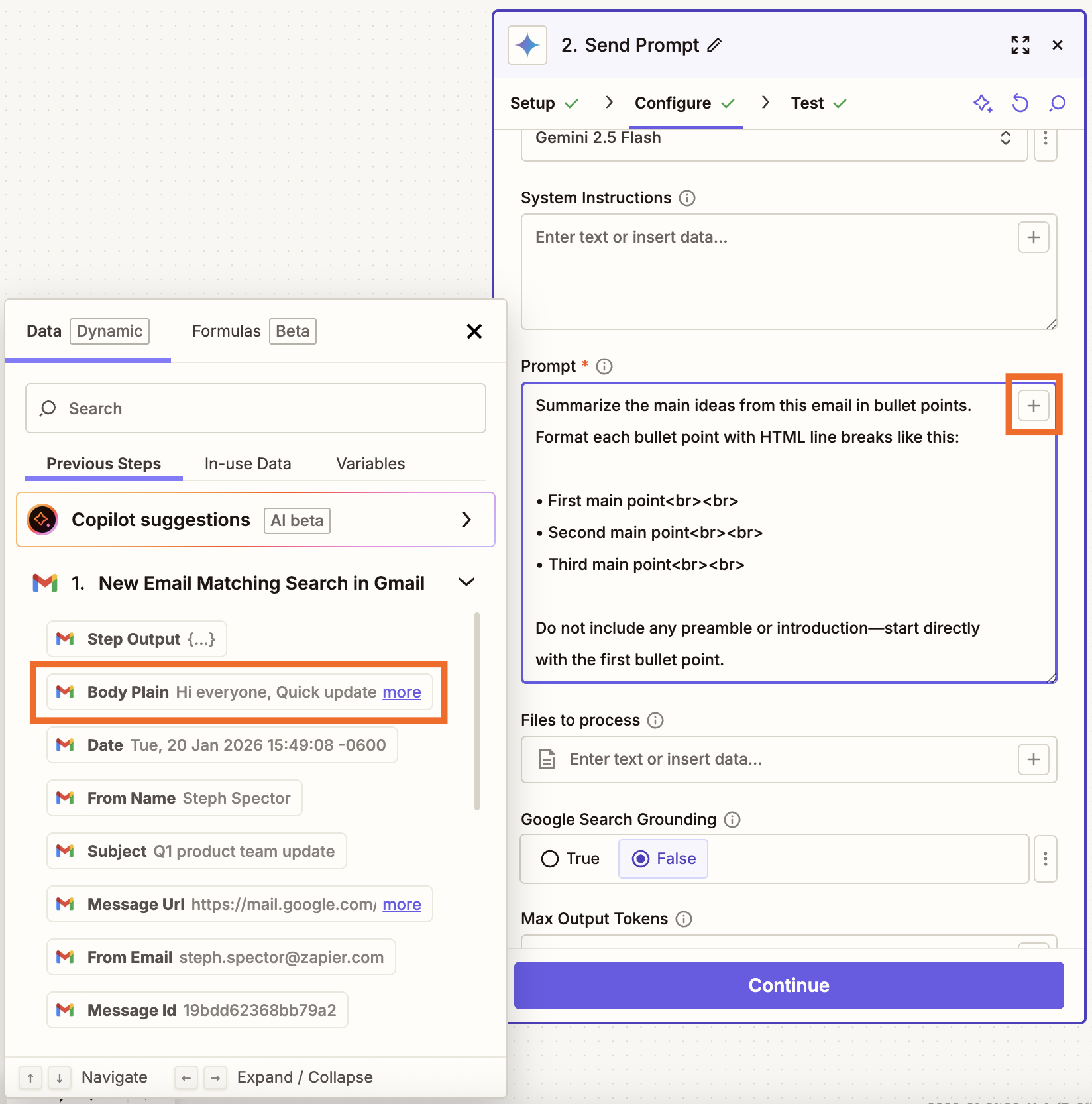 지도에 대한 데이터를 선택하기 위한 필드와 개방형 모달이 포함된 Gemini 프롬프트가 포함된 Google AI Studio(프롬프트 보내기) 작업 단계