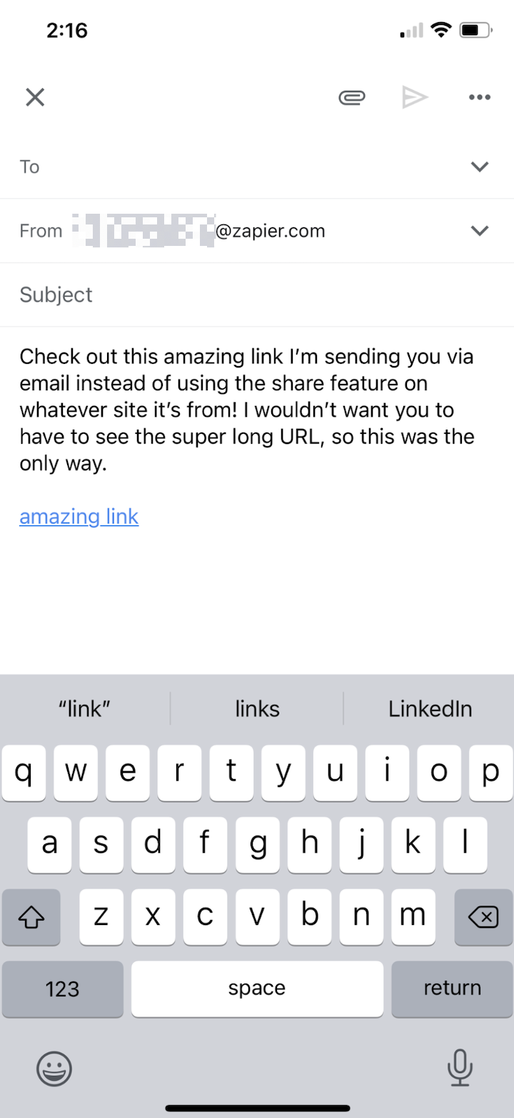 Hyperlinked text at the bottom of a message draft in the Gmail mobile app. 
