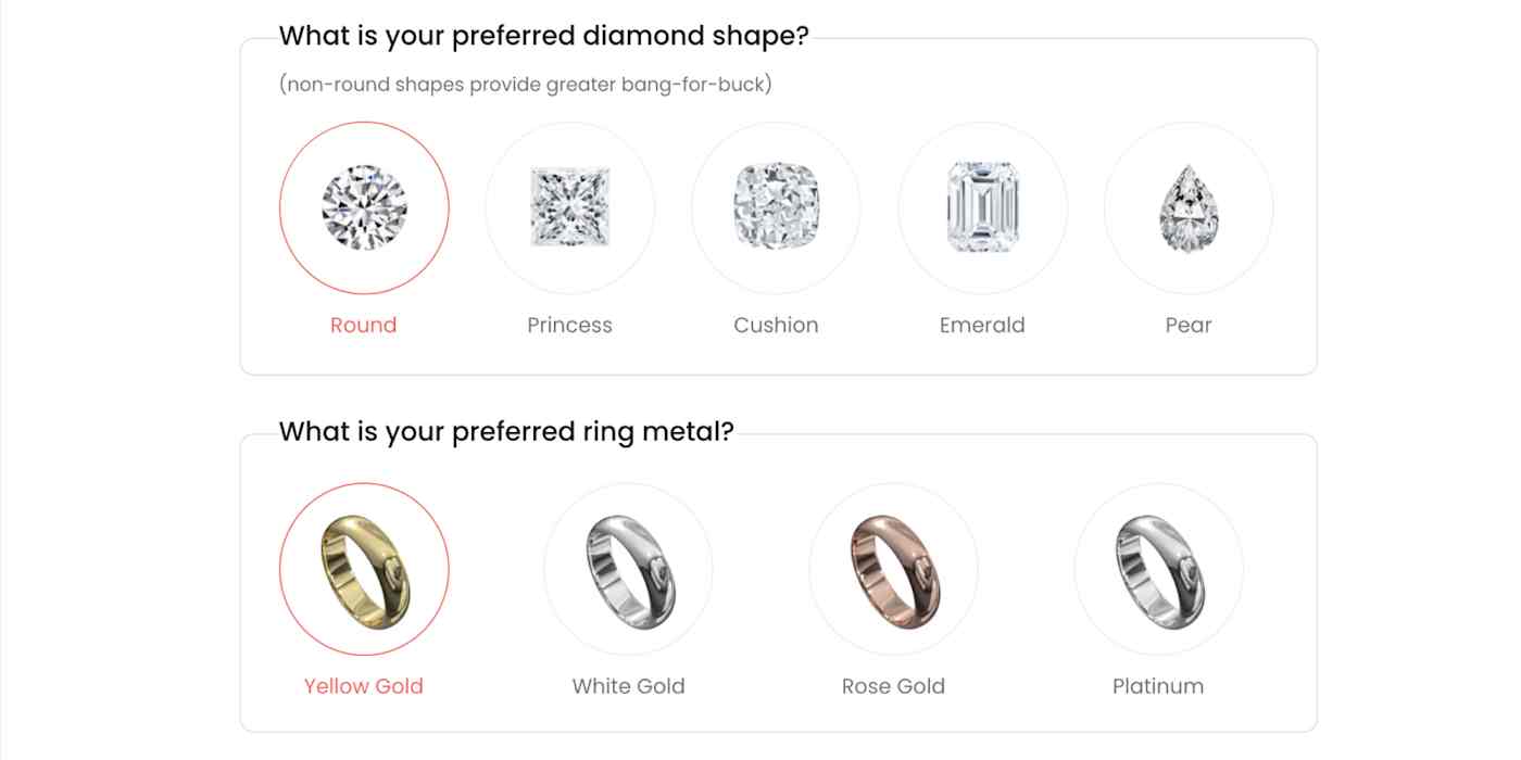 Hero image with a screenshot of an eCommerce engagement ring site