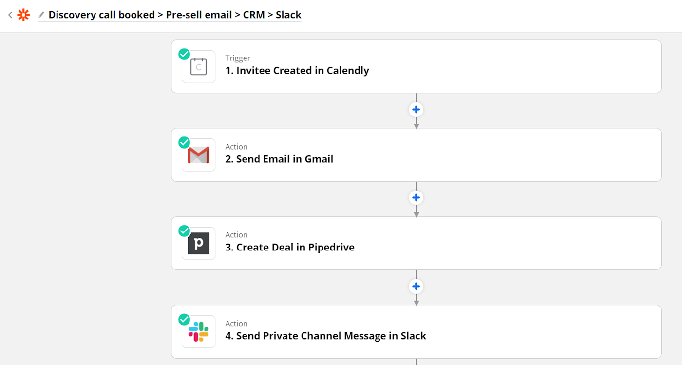 Zap set-up for sending an email and creating a deal after someone books through Calendly