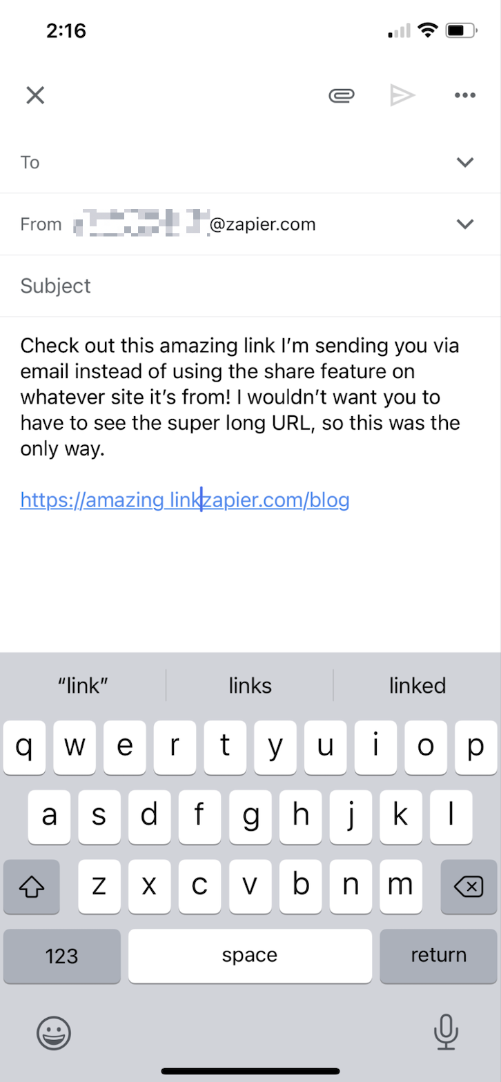 Text added within a hyperlinked URL in a message draft in the Gmail mobile app.